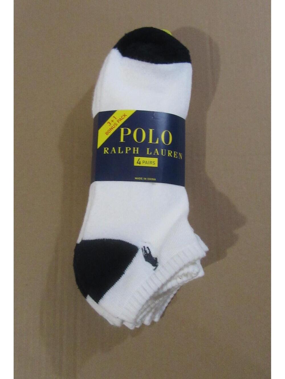 Polo Ralph Lauren Mens Low Cut Socks White with Navy Blue Trim 4 pack